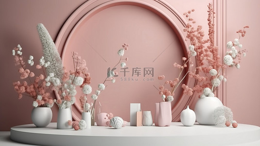 美容花卉背景图片_用于化妆品产品展示的花卉讲台展示的优质 3D 插图