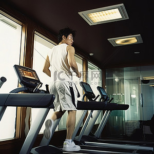 一名男子正在健身房的跑步机上跑步