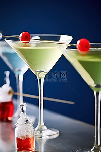 雞尾酒背景图片_木质表面上有许多酒吧，桌上有两杯马提尼酒