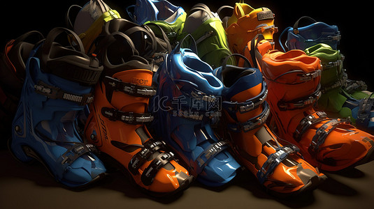 寒假安全背景图片_3d 渲染中的一堆滑雪靴