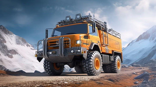 旅行探险背景图片_一辆强大的橙色卡车的 3D 插图，准备进行崎岖和偏远的探险