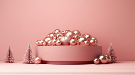 新年和圣诞节模型 3d 玫瑰金讲台在柔和的粉红色背景