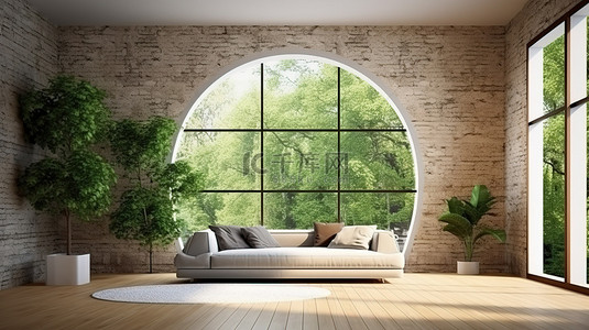 自然风光透过大窗户砖墙装饰现代客厅3D 渲染
