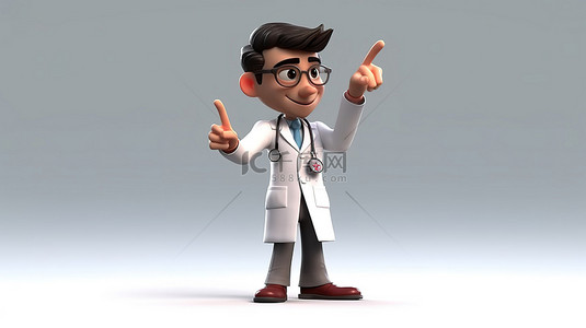 听诊器医生背景图片_穿着制服和听诊器的卡通医生角色用手指 3D 渲染进行指导