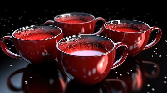 牛奶杯背景图片_黑色背景上带有薄片的多个金属红色牛奶杯的特写 3D 渲染