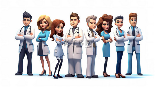 男医生女医生背景图片_卡通风格的医疗团队 3D 插图，包括医生主任医师和专家