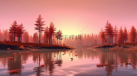 日出时湖景的华丽 3D 渲染，黄色的树木和粉红色的草反射在水面上