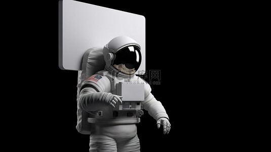 教育ppt封面背景图片_宇航员在 3D 渲染中展示黑色背景上的白色标语牌