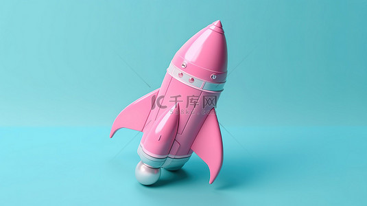 3D 渲染双色调蓝色玩具火箭在粉红色背景上的儿童模型