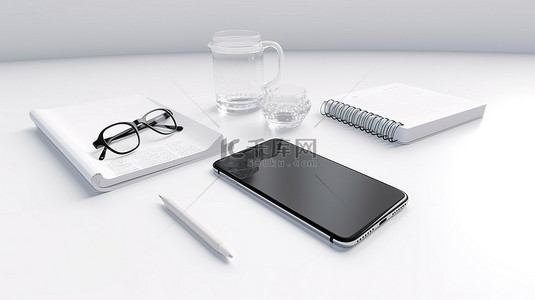 桌子上的手机背景图片_白色桌子上的智能手机令人惊叹的 3D 渲染