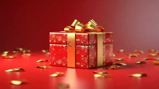 3D 渲染红色礼品盒，配有金丝带，非常适合农历新年情人节圣诞节或周年纪念惊喜