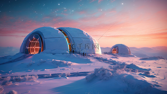 雪景上的未来派极地站日出时令人惊叹的 3D 艺术表现