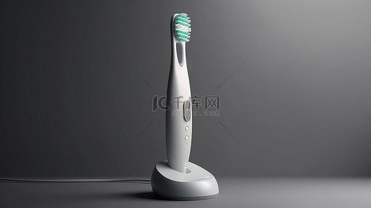 灰色背景下带有新型电动牙刷的充电座的 3D 渲染