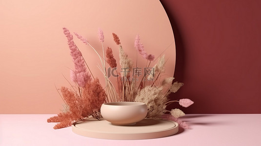 粉红色基座上的极简主义美容产品成分干燥秋季植物 3D 展示架