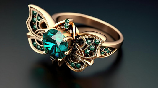 黑金 3D 渲染祖母绿彩色宝石蝴蝶戒指