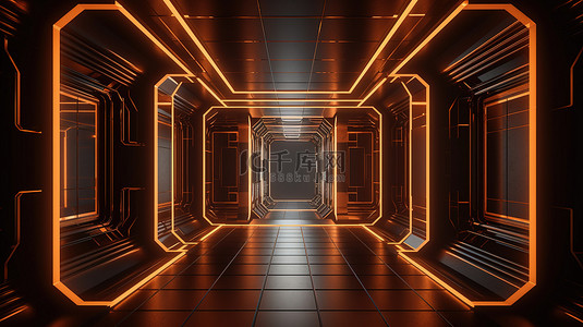 科幻插图抽象几何背景与橙色光在空暗的房间 3d 渲染