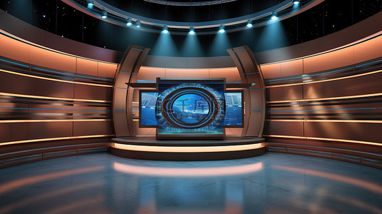 新闻背景图片_新闻演播室的 3D 插图设置为电视节目背景，墙上有电视