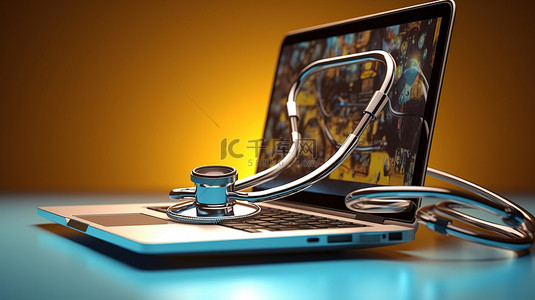 技术支持背景图片_医疗技术笔记本电脑和听诊器的协同作用 3d 插图