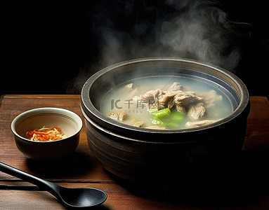 汤背景图片_汤里充满了蒸汽，坐在锅碗旁边