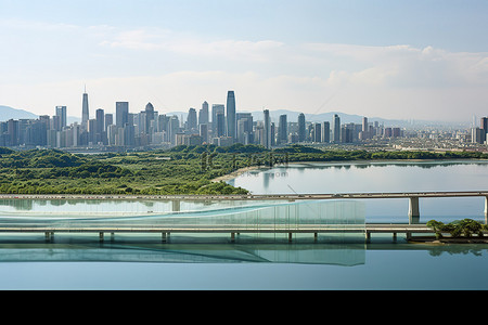 一座城市背景图片_天际线有一座横跨水面的桥梁，背景是一座城市