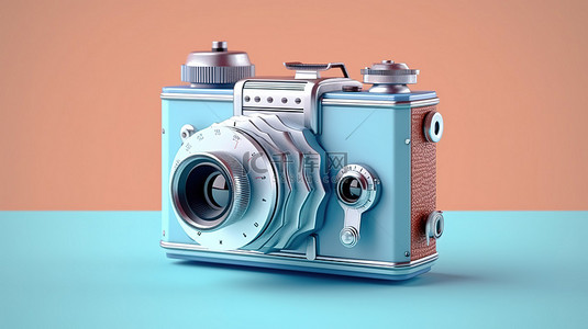 3d 创建的蓝色背景下的古董胶片相机