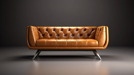 现代棕色皮革沙发，配有光滑的不锈钢腿 3D 渲染