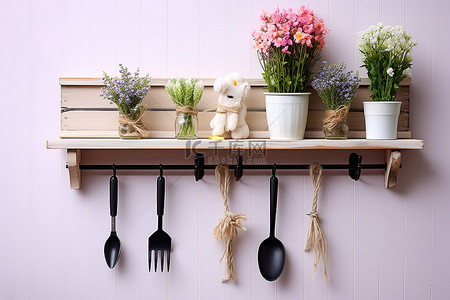 厨房背景图片_一个木架，上面放着餐具和鲜花