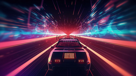 国潮1980背景图片_3D 渲染的未来派汽车在逆波背景下滑过霓虹灯抽象空间