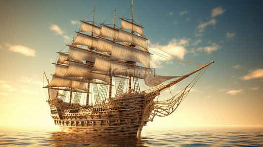 短袖素描背景图片_老式帆船的 3D 渲染光栅插图