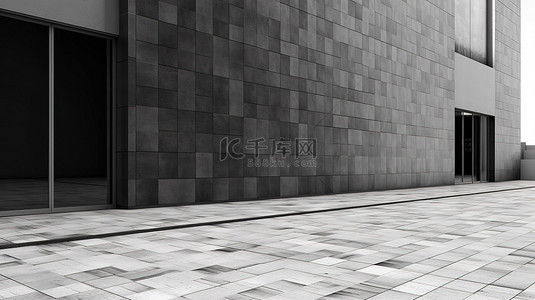 无人居住建筑物外墙的 3D 插图，具有醒目的黑色瓷砖图案