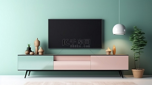 现代客厅，电视放置在橱柜上，靠着薄荷色的墙壁 3D 渲染