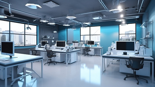 现代办公室室内设计尖端的 3D 实验室和技术教室