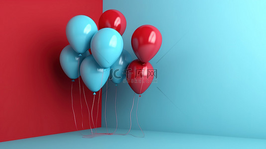 漂浮背景装饰背景图片_一群蓝色气球靠在 3D 渲染的充满活力的红墙上