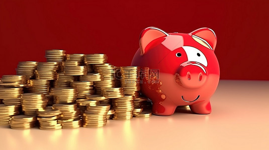 红色小猪背景图片_3d 渲染的存钱罐中一堆硬币顶上的金色现金和红色箭头