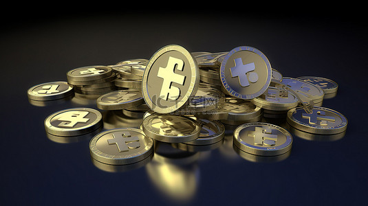 Facebook背景图片_硬币模型和类似图标搭配 3D Facebook 社交媒体徽标