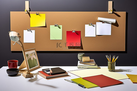 创意软木塞桌子背景图片_桌子上有一块贴有海报和剪贴板的板子