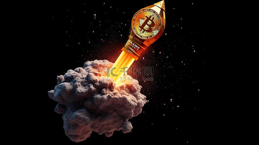 区块链链科技背景图片_加密火箭将比特币推向天空的上升高 3D 插图