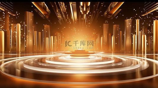 金色花背景图片_闪闪发光的舞台灯光为颁奖活动提供豪华的动态背景 3D 插图