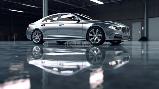 机库中展示的时尚轿车，水坑中的镜面反射引人注目的 3D 设计，用于促销汽车产品