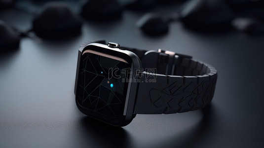 桌上带表带的现代黑色智能手表的极端特写 3D 渲染