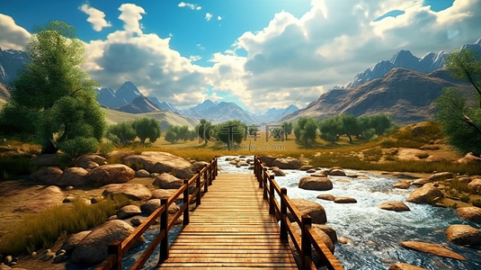 森林中的河流背景图片_山谷 3D 插图，展示雄伟岩石中的木桥和河流