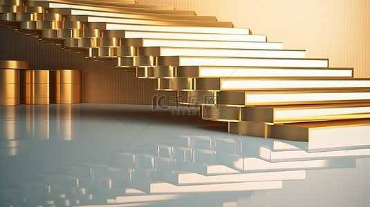 全景布局的进展方式 3D 渲染的金色楼梯台阶成长成功