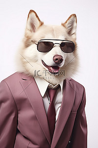 穿着西装戴着墨镜穿着白色背景外套的狗