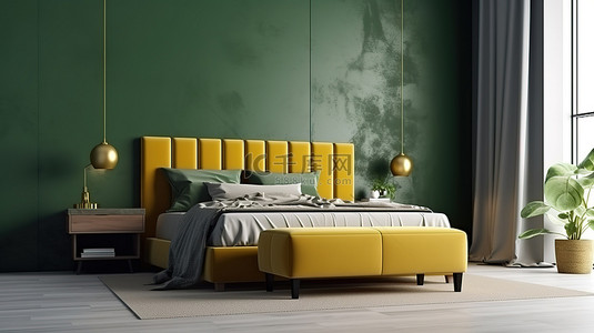 时尚的绿色卧室内饰，配有黄色坐垫凳模型和 3D 渲染的别致床