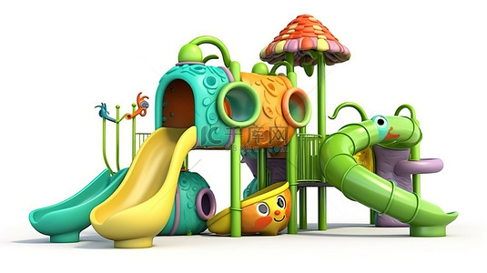游乐场公园中供儿童使用的逼真 3D 攀爬设备，白色背景上有一只顽皮的蠕虫