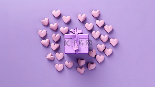 节日礼品卡，在充满活力的紫色背景上刻有心形图案，以 3D 设计庆祝概念