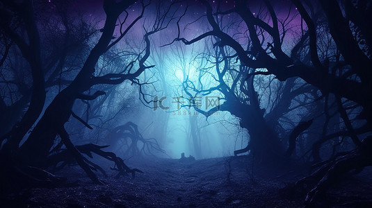 魔法背景图片_夜间怪异的森林 3D 数字插图，神秘的光芒和黑暗的树剪影