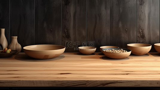 厨房背景背景图片_厨房背景下木盘的 3d 渲染