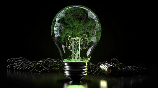 可再生能源概念 3d 灯泡和电线渲染