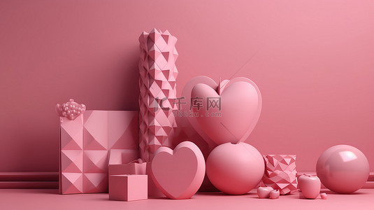 几何粉色背景图片_用于产品展示的装饰心几何粉色 3D 效果图